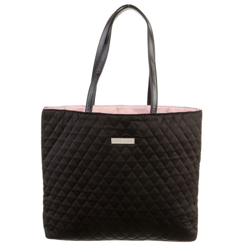Ralph Lauren Quilted Large Tote Black Bag Interior Light Pink Leather Trim NWOT